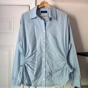 TOIT VOLANT chambray blue cutout ruched long sleeve button up shirt blouse top